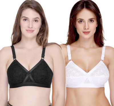 SONA Cross Chiken Everyday Plus Size Full Coverage Non Padded Cotton Bra Women Full Coverage Non Padded Bra(Black, White)