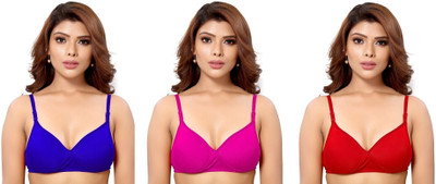 Shree Brahmani Corporation Women's Cotton Blend Full Comfortable Non-Padded Chami Bra For Everyday Wear Women Everyday Heavily Padded Bra(Blue, Pink, Red)