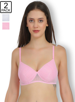 Selfcare Net Nylon Full Coverage Everyday Bra Women Bralette Lightly Padded Bra(White, Pink)
