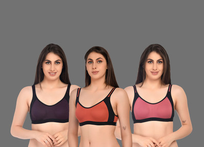 ASHMIRAS Pack of 3 Women Sports Non Padded Bra(Orange, Pink, Purple)