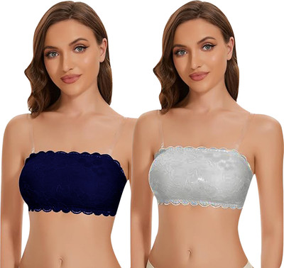 IndiRocks Women's Seamless Tube Bra - Lace - Stretchable - Transparent Straps Free Women Bandeau/Tube Lightly Padded Bra(Beige, White)