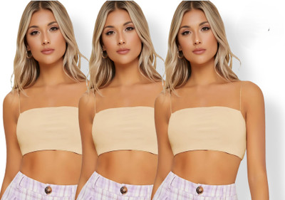 Maitri Pack of 3 Women's Spaghetti Strap Sleeveless Cropped Cami Top Women Everyday Lightly Padded Bra(Beige)