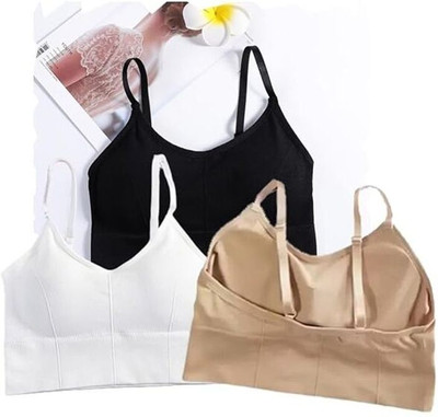 SoftSway Women Cotton Padded Wire Free Sports Bra Free Size Pack of 3 Women Bralette Lightly Padded Bra(Black, White, Beige)