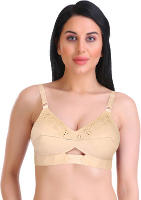 Featherline Pure Cotton Perfect Fitted Embroidered Everyday (Elastic Straps) - Sonnet Women Full Coverage Non Padded Bra(Beige)