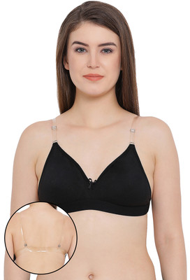 Clovia Cotton Rich Non-Wired T-Shirt Bra With Transparent Multiway Straps Women T-Shirt Lightly Padded Bra(Black)