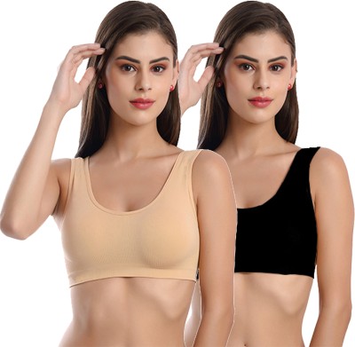 FIMS Women Nylon Elastane Non-Padded Air Sports Bra Pack of 2 Women Sports Non Padded Bra(Black, Beige)