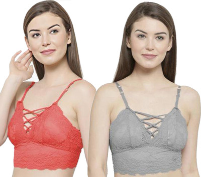 IndiRocks Women's Lace Solid Padded Full Cup Wire Free Bralette Bra Women Bralette Lightly Padded Bra(Grey, Orange)