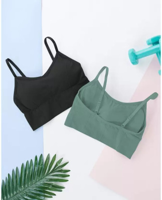 LASSIEGARB Women Bralette Lightly Padded Bra(Black, Green)