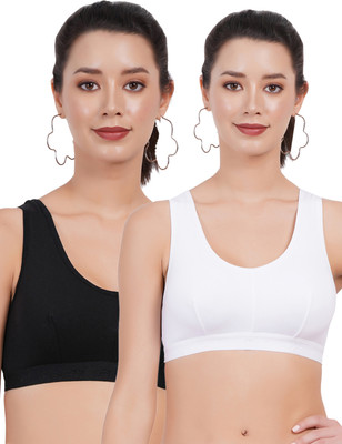 FigureFit SB03 Double Layered Women Sports Non Padded Bra(Black, White)