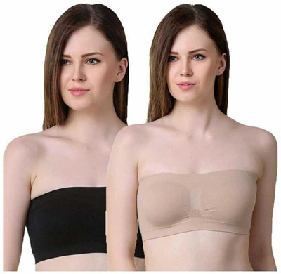 Fastdeal Women Bandeau/Tube Non Padded Bra(Black, Beige)