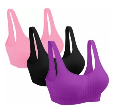 PIVLU Pack of 3 Girls Stretchable Cotton sports non padded seamless sports gym bra Women Sports Non Padded Bra(Purple, Pink, Black)