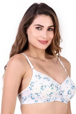 PRARIKSH UNICORN Women's Printed Cotton Blend Lightly Padded Wirefree Bra (Pack of 1, White) Women Full Coverage Lightly Padded Bra(White)