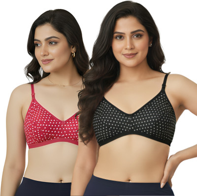 Aimly Aimly Cotton Non-Padded Non-Wired Printed Bra Black Rani 40 Pack of 2 Women Everyday Non Padded Bra(Black)