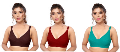 Shophousses Women's Cotton Blend Full Comfortable Non-Padded Chami Bra For Everyday Wear Women Everyday Non Padded Bra(Brown, Maroon, Light Green)