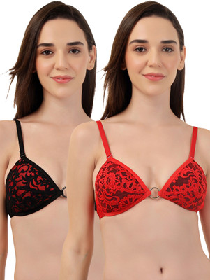 Selfcare SELFCARE Womens Net Lightly Padded Half Coverage Plunge Bras - SN4336 Women Plunge Lightly Padded Bra(Red, Black)