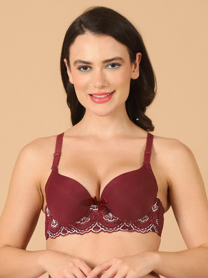 Quttos Quttos Lightly Padded Underwire Lace T-Shirt Bra Women T-Shirt Lightly Padded Bra(Maroon)