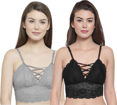 IndiRocks Women's Lace Solid Padded Full Cup Wire Free Bralette Bra Women Bralette Lightly Padded Bra(Black, Grey)
