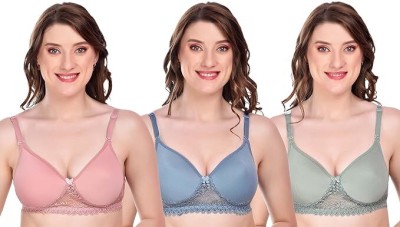 Hurainprime Lightly Padded Lace Bra Combo of 3 Women Push-up Lightly Padded Bra(Multicolor)