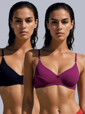 Eden Women T-Shirt Non Padded Bra(Black, Purple)
