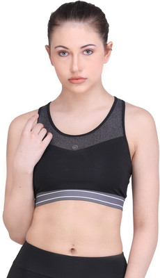 Laasa Sports MEDIUM IMPACT SPORTS BRA REMOVABLE PADDED WITH MELANGE MESH PANEL Women Sports Heavily Padded Bra(Black)