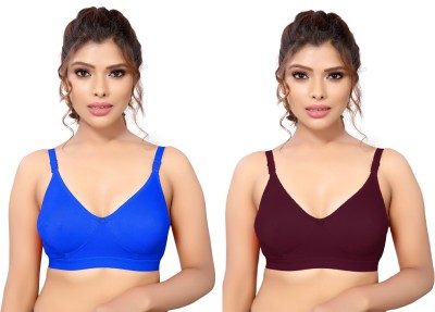 KUHAJI Women's Cotton Blend Full Comfortable Non-Padded Chami Bra For Everyday Wear Women Everyday Non Padded Bra(Blue, Maroon)