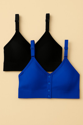 Jay Front Open Bra Women Bralette Heavily Padded Bra(Black, Blue)