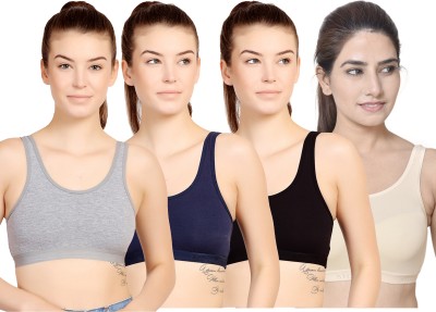 STOGBULL Cotton Lycra Sports Bra combo pack of 4 for Gym Yoga Exercise Running Workout Women Sports Non Padded Bra(Grey, Blue, Black, Beige)