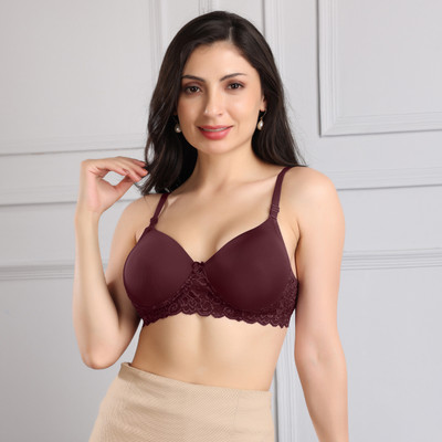 POOJA RAGENEE Seamless Wirefree T-Shirt Bra with Lace Women T-Shirt Lightly Padded Bra(Brown)