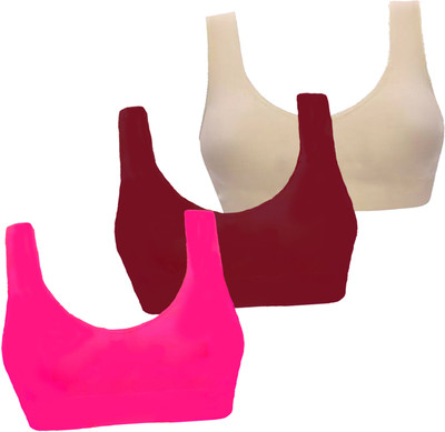 BRAAFEE Pack of 3 Girls Stretchable Cotton sports non padded seamless sports gym bra Girls Sports Non Padded Bra(Multicolor)
