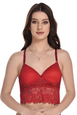 bodylonian Women's Lace Padded Non-Wired Halter Neck Bralette with Lace in Red Women Bralette Lightly Padded Bra(Red)