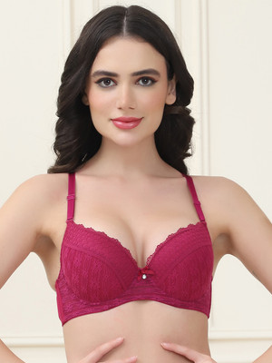 PrettyCat PrettyCat Lightly Padded Hot Lace Underwire Bra Women Full Coverage Lightly Padded Bra(Maroon)