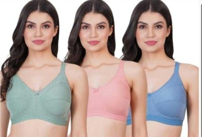 SONU FASHION Women's Cotton Non Padded Full Coverage Bra with Adjustable Straps Combo P03 Women Full Coverage Non Padded Bra(Dark Blue, Dark Green, Pink)