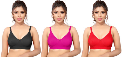 RISHIT ENTERPRISE Women's Full Comfortable Cotton Blend Chami Bra In Black, Pink & Red Women Cami Bra Non Padded Bra(Black, Pink, Red)