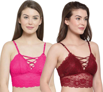 IndiRocks Women's Lace Solid Padded Full Cup Wire Free Bralette Bra Women Bralette Lightly Padded Bra(Maroon, Pink)
