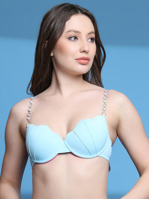 PrettyCat PrettyCat Lightly Padded Scalloped Hot Plunge Bra With Pearl Strap Women Plunge Lightly Padded Bra(Light Blue)