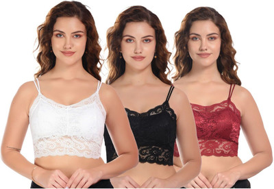 VALZER Bralette Net Design Bra Lightly Padded with Double Elastic Strap. Women Bralette Lightly Padded Bra(White, Black, Maroon)