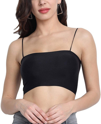 SWIFFIN Women's Solid Tube Crop Top with Spaghetti Straps Women Bandeau/Tube Lightly Padded Bra(Black)