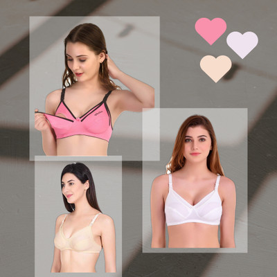 HoC Maternity Nursing Feeding Bra for Women Cup-C, PK-3 Women Maternity/Nursing Non Padded Bra(Multicolor)