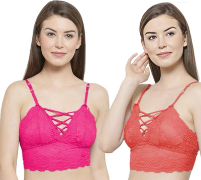 IndiRocks Women's Lace Solid Padded Full Cup Wire Free Bralette Bra Women Bralette Lightly Padded Bra(Orange, Pink)