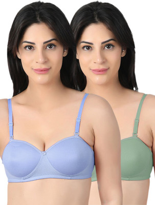 Women Vibes Women's Lightly Padded Wirefree half demi cup T-Shirt Bra Combo Women T-Shirt Lightly Padded Bra(Blue, Green)