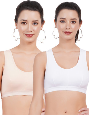 FigureFit SB03 Double Layered Women Sports Non Padded Bra(Beige, White)