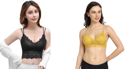 Lenriza Women Bralette Lightly Padded Bra(Black, Yellow)