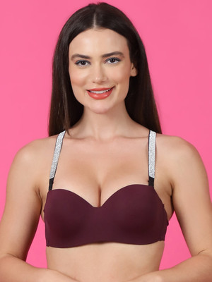 Quttos Quttos Shine Strap Hot Half Cup Underwire Balconette Bra Women Balconette Lightly Padded Bra(Maroon)
