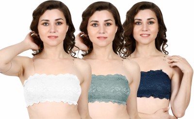 JUSTFABS Women Transparent Straps Tube Top Lace Net Bra / Bralette With Pad Women Bandeau/Tube Lightly Padded Bra(White, Grey, Dark Blue)