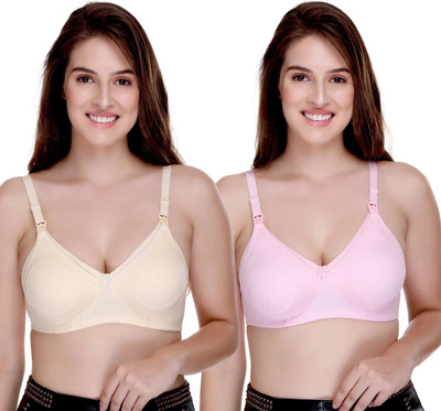 SONA Breast Feeding Maternity for Milk Feeding Elastic Straps for Nursing Women Maternity/Nursing Non Padded Bra(Beige, Pink)