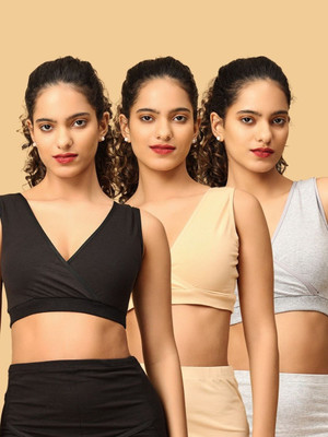 The Mom Store The Mom Store - Combo Of 3 Maternity Nursing Sleep Bra - Black , Beige & Grey Women Maternity/Nursing Non Padded Bra(Multicolor)
