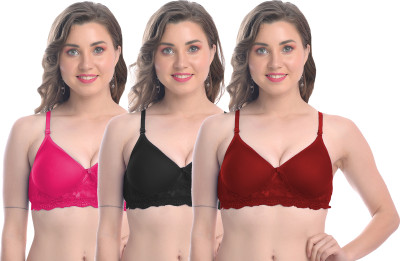 FIMS Women Solid Cotton Blend Floral Lace Lightly Padded Bra Non-WiPack of 3 Women Everyday Lightly Padded Bra(Maroon, Black, Pink)