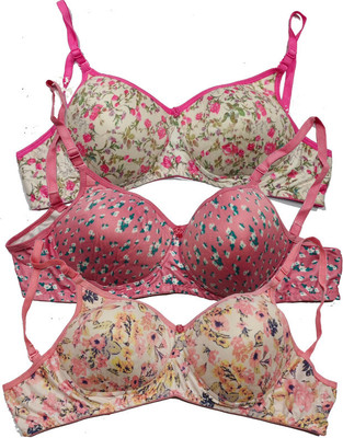 Narsingha Dreams Women's Cotton Blend Lightly Padded Wirefree Printed Bra Combo Women Full Coverage Lightly Padded Bra(Multicolor)