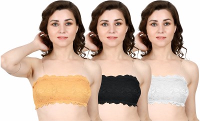 GARMONY Women Transparent Straps Tube Top Lace Net Bra / Bralette With Pad Women Bandeau/Tube Lightly Padded Bra(Beige, Black, White)