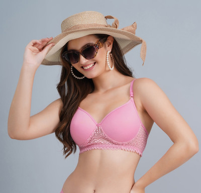 Preppo Women Girls Everyday Lace Padded Push-Up Bra Women T-Shirt Lightly Padded Bra(Pink)
